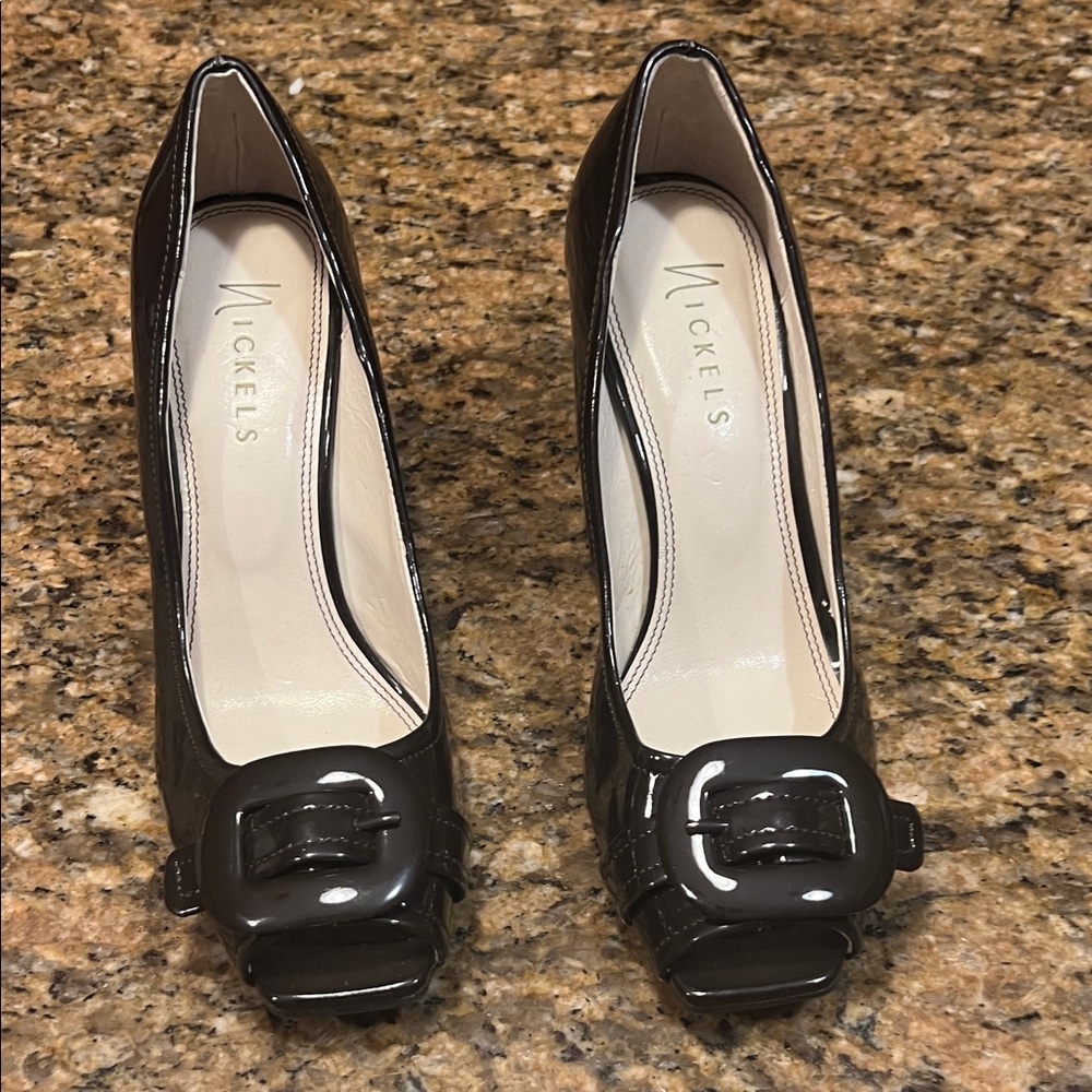 Nickels Shiny Brown Heels with Statement Buckle